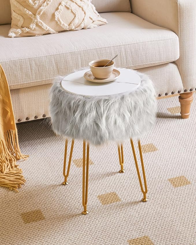 IBUYKE Round Faux Fur Vanity Stool with Storage, Furry Makeup Chair Ottoman, Soft Padded Seat, Round Footrest Footstools with 4 Metal Legs, for Living Room Bedroom Entryway, Gray WBD021G