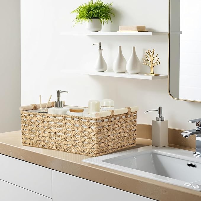 DECOMOMO Wicker Storage Basket, Back of Toilet Basket, Bathroom Organizer, Toilet Tank Tray, Countertop, Home Decor (Beige, Set of 2)-NeatNest