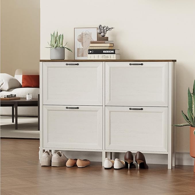 Shoe Storage Cabinet with 4 Flip Drawers, Wooden Shoe Rack with Metal Handle, Freestanding Hidden Shoe Storage Organizer with Open Shelf, Narrow Shoe Rack for Entryway, Hallway (White Brown)