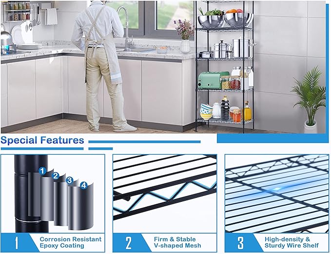 5-Tier Metal Wire Shelving Unit Snack Shelf Storage Rack NSF Certified Storage Shelves 750 Lbs Capacity Standing Utility Shelf for Laundry Kitchen Pantry Garage Organization