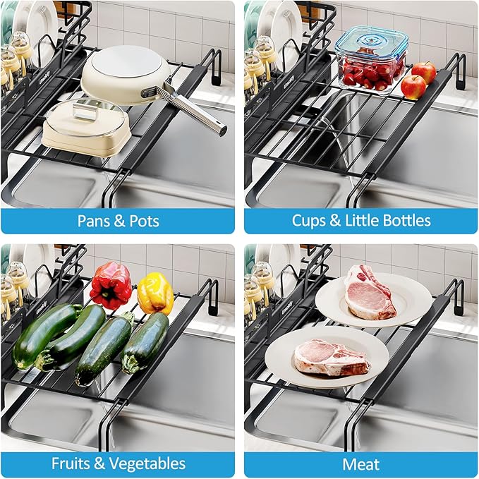 Dish Drying Rack, Extendable Dish Rack for Kitchen Counter, Large Sink Drying Dish Drainer, Stainless Steel Dish Strainer with Drainboard & Cups Holder, Black