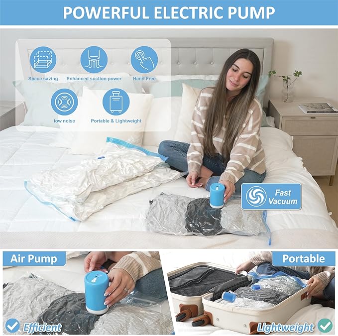 12 Pack Travel Vacuum Storage Bags with Portable Electric Pump, Vacuum Seal Space Saver Bags for Clothing, Vacuum Travel Bags for Luggage-NeatNest
