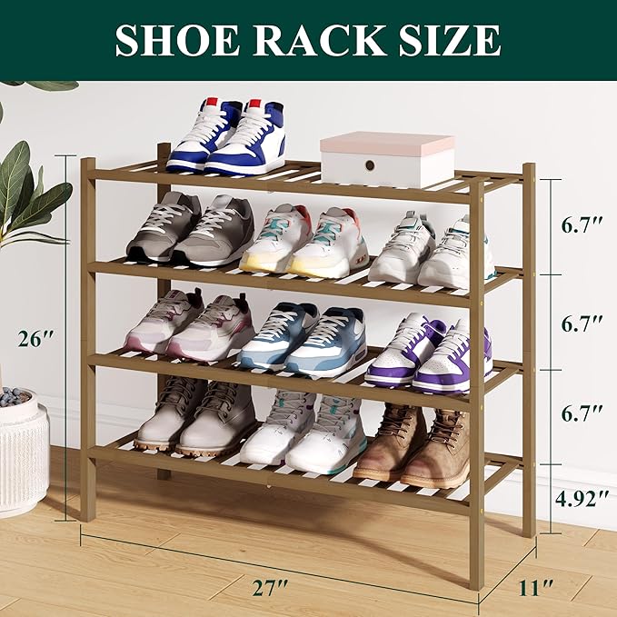 Smiry Bamboo Shoe Rack for Closet, 4 Tier Wooden Stackable Shoe Organizer, Free Standing Shoes Storage Shelf for Entryway, Front Door Entrance, Walnut-NeatNest