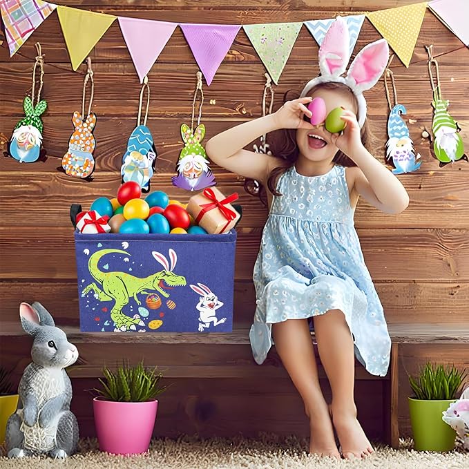 Dinosaur Easter Basket for Kid Large Empty Baby Rectangular Cute Easter Gift Storage Basket Bunny Eggs Décor (Dinosaur Rabbit)-NeatNest