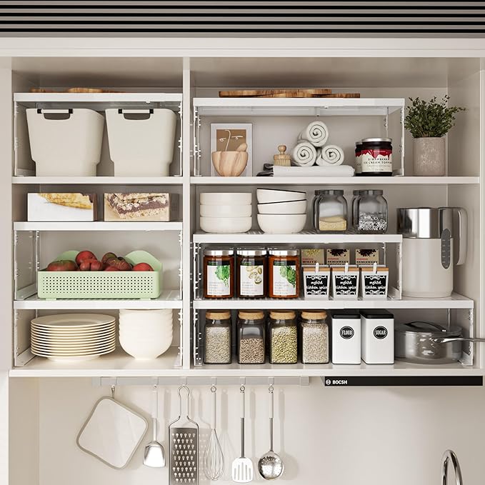 Adjustable Stackable Metal Storage Shelf Organizer - Expandable Wire Rack with Perforations for Kitchen, Pantry, Bathroom, Cabinet & Office-Compact, Durable & Sturdy (1PACK/Medium/White)