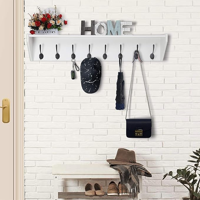 DSEAP Heavy Duty Coat Rack Wall Mount with Hooks and Shelf, Ideal for Entryway, Mudroom, Kitchen, Bathroom - White & Black