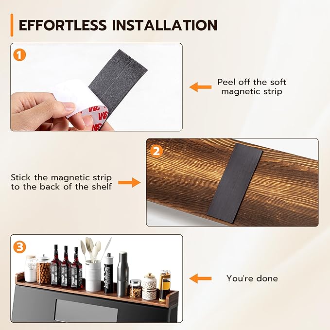 Fun Memories Stove Top Shelf, 30" Magnetic Shelf for Kitchen Stove, Pine Wood Stove Shelf, Wall Mounted Shelf for Home Storage Organization, Heat and Pressure Resistant, 1pcs, Dark Brown