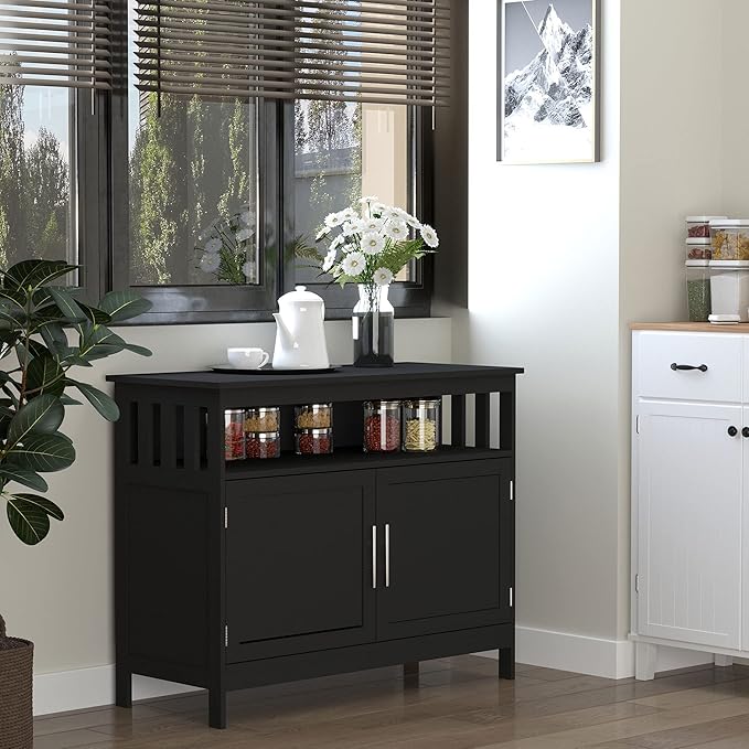 HOMCOM Sideboard Buffet Cabinet, Modern Coffee Bar Cabinet with 2-Level Shelf and Open Compartment, Black-NeatNest