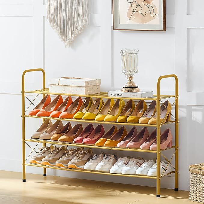 Hoctieon 4 Tier Mesh Style Shoe Rack, Entryway Shoe Shelf, Shoe Storage Organizer, Shoe Rack for Closet, Space Save for Bathroom, Garage, Hallway, Bedroom, Living Room, Gold-NeatNest
