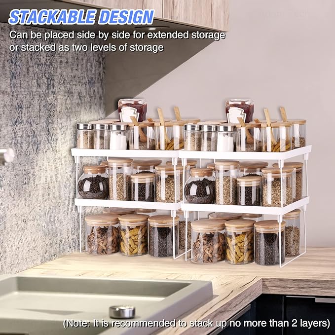 NiHome 4-Pack Stackable Plastic Kitchen Storage Shelf Foldable Rack - White Kitchen Cabinet Organizer and Storage Shelves Stackable Expandable Storage Racks for Counter Cabinet Pantry-NeatNest
