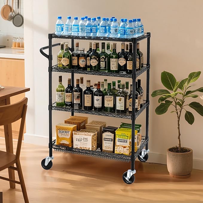 Finnhomy 4 Tier Heavy Duty Commercial Grade Rolling Cart with Handle Bar, Metal Wire Utility Cart with Wheels, Shelf Size 18" D x 30" W, NSF Listed, Black