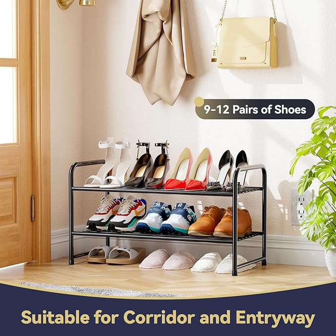 2-Tier 27” Wide Shoe Rack for Closet, Metal Stackable Shoe Shelf Organizer, Black-NeatNest