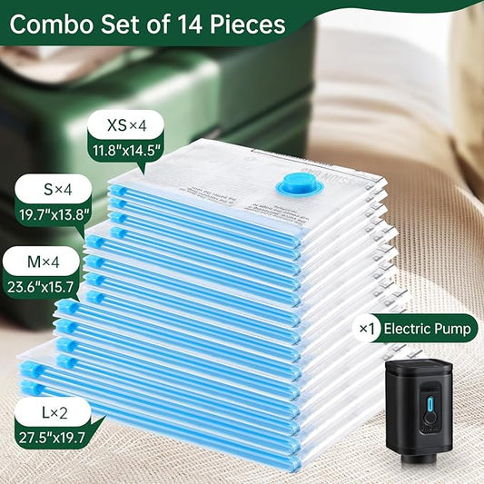 BRODI 14 Combo Pack Travel Vacuum Bags with Pump - Space Saver & Travel Essentials, Vacuum Seal Bags for Clothing and Luggage-NeatNest