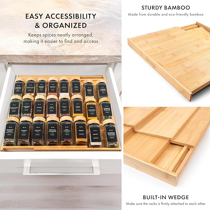 Bamboo Spice Drawer Organizer - Expandable 4 Tier Spice Rack (Need 3" Deep Drawer) 12" to 24" Wide, Seasoning Organizer, Organization Seasoning Rack insert (Jars Not Included)-NeatNest