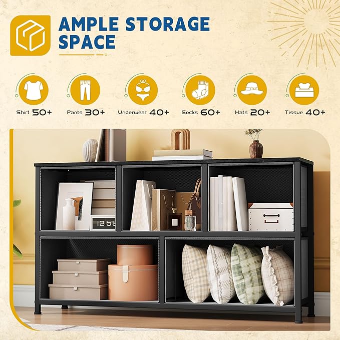 DWVO Dresser with 5 Drawers - Fabric Storage Tower, Organizer Unit for Bedroom, Living Room, Closets - Sturdy Steel Frame, Wooden Top (Black)-NeatNest