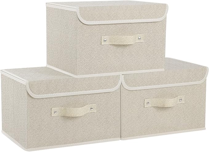 Fabric Storage Bins Cube Organizers with Flip-Top Lid and Handles,Storage Boxes for Organizing Home,Office,and Closet,Grey and Beige,3 Pack 13 X 9.1 X 7.9 in-NeatNest