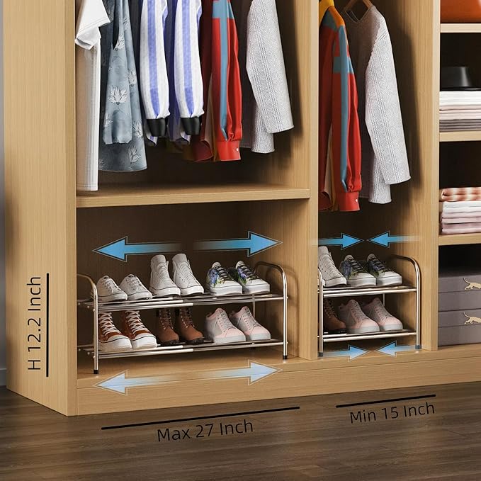 2 Tier Expandable Shoe Rack for Closet, Stainless Steel Shoe Shelf, Strong Weight Capacity Shoes Organizer, Easy to Install and Saving Space Standing Shelf with Sturdy Frame(2 Tier)-NeatNest