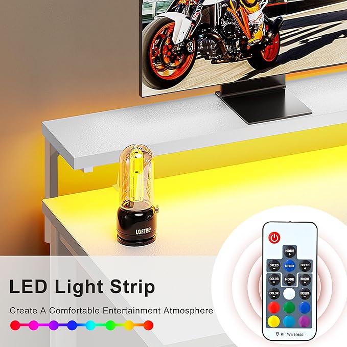 Need 60 inch Computer Desk with LED Lights & Power Outlets, Large Home Desk with Monitor Shelf, Writing Table Gaming Desk Home Office Desk, White-NeatNest