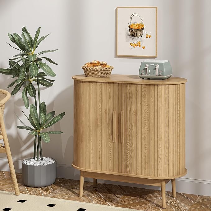 Accent Small Storage Cabine, Buffet Cabinet with Storage, Mid Century Modern Sliding Door Sideboard Cabinet for Kitchen, Entryway (Oak)