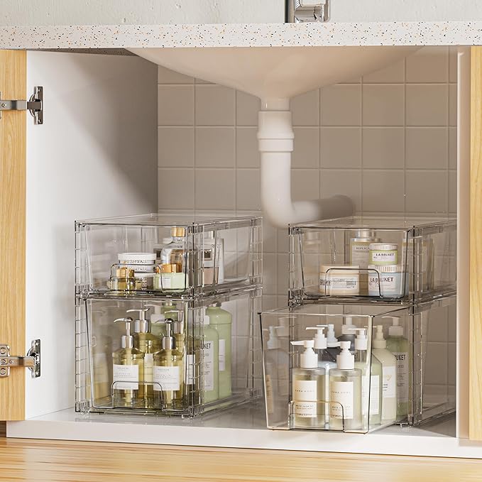 Vtopmart 6 Pack Clear Stackable Storage Drawers,Easy to Assemble Bathroom Organizers and Storage with handles,Plastic Drawers for Kitchen Pantry,Cabinet,Under Sink Organization-NeatNest