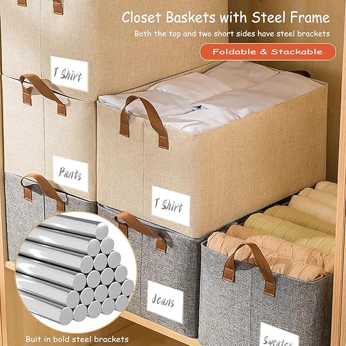 AARAINBOW 4 Pcs Closet Clothes Organizer with Handle, Closet Shelf Fabric Storage Box Steel Frame, Stackable Shelf Storage Baskets Foldable Wardrobe Storage Box for Clothes Toys, 23L (2 Gray 2 Beige)-NeatNest