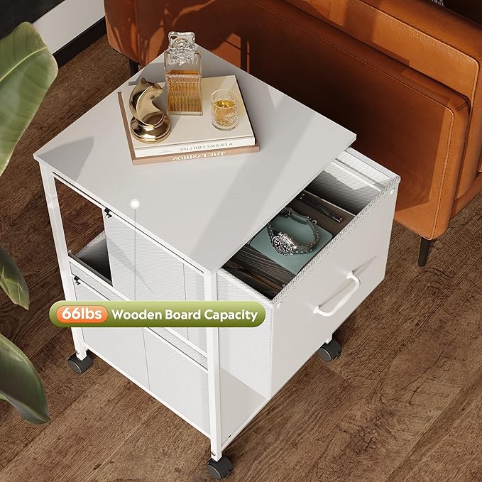DEVAISE 2 Drawer Mobile File Cabinet, Rolling Printer Stand with Open Storage Shelf, Fabric Vertical Filing Cabinet fits A4 or Letter Size for Home Office, White-NeatNest