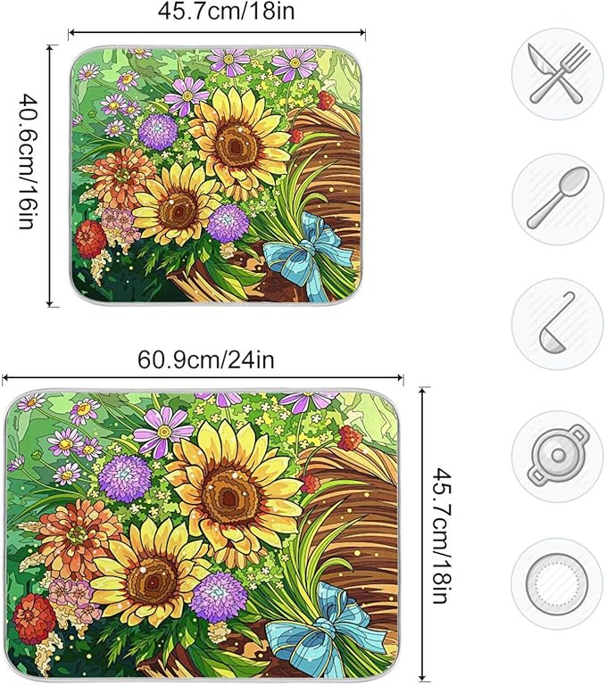 Absorbent Dish Drying Mat for Kitchen Counter - Sunflowers Microfiber Drying Pad, Reversible Drainer Mats for Countertop, Small 16" x 18"