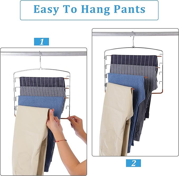 FeeraHozer Pants Hangers Non Slip 3 Pack Space Saving Hangers Multi-Layer Swing Arm Stainless Steel Space Saver Rack for Jeans Scarf Trouser Clothes (Gold)-NeatNest