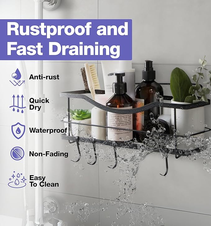 KINCMAX Premium Shower Caddy - Adhesive Bathroom Shower Organizer and Storage w/ 4 Hooks, No Drill Shower Shelves for Inside Shower, Rustproof Stainless Steel Shower Rack, Accessories Holder, Black