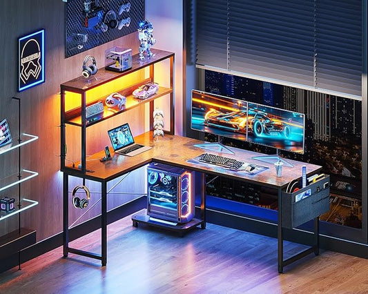 Casaottima Gaming Desk with Power Outlets & LED Lights, 53 Inch Reversible L Shaped Computer Desk with Shelves & Storage Bag, Corner Desk for Home Office, Vintage-NeatNest