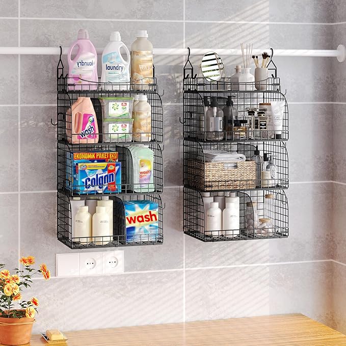 HapiRm Hanging Closet Organizer Storage - 4 Tier Metal Stackable Hanging Closet Shelves with Dividers and S Hooks, Foldable Clothes Shelves for Clothes, Pants, Shoes, Coat, Hats Clutches Accessories