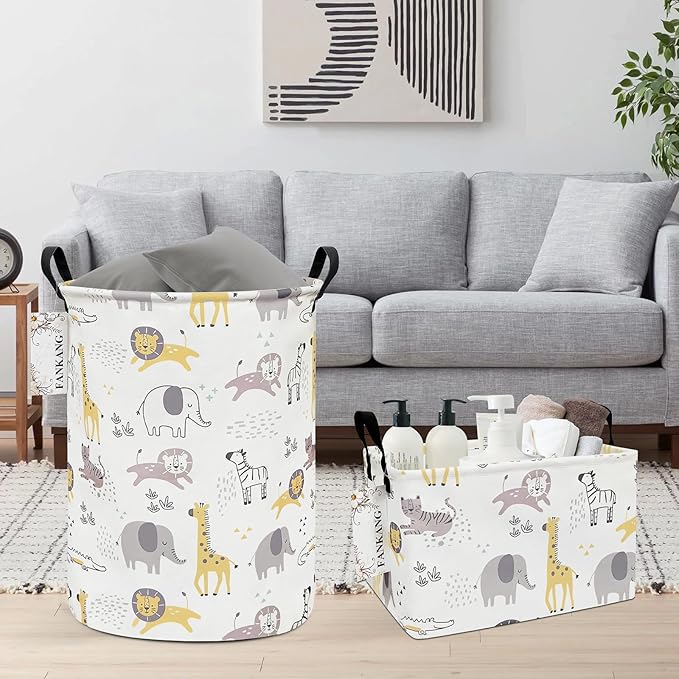 FANKANG Storage Basket, Nursery Hamper Canvas Laundry Basket Foldable with Waterproof PE Coating Large Storage Baskets for Kids Boys and Girls, Office, Bedroom, Clothes,Toys(Lovely Animals)