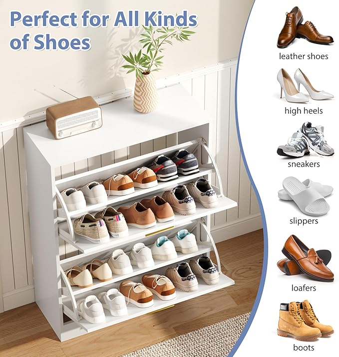 Shoe Cabinet with 2 Flip Drawers, White Shoe Cabinet Storage for Entryway, Modern Shoe Organizer Wood, Freestanding Small Thin Shoe Racks with Doors, White-NeatNest