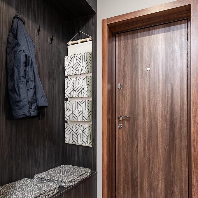 CROWNED 2Pcs Over Door Hanging Storage Bags Wall Mount Closet Organizer, 4 Big Pockets Linen Cotton Fabric Living Room Bedroom Bathroom File Magazine Waterproof Free Hooks White-NeatNest