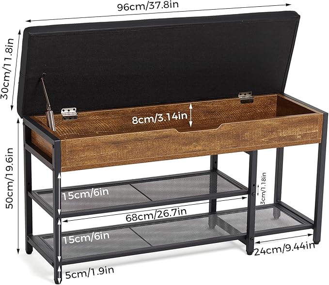 Shoe Rack Bench with Upholstered Cushion, Shoe Storage Bench with Adjustable Shelf and Hidden Storage Compartment for Hallway Entryway Living Room Rustic Brown (2-Tier)-NeatNest