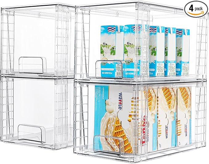 Vtopmart 4Pack Large Stackable Kitchen Pantry Storage Drawers, Clear Organizer Bins with Handles, Acrylic Drawer Organizers for Kitchen Pantry, Bathroom Undersink, Cabinet Organization and Storage-NeatNest