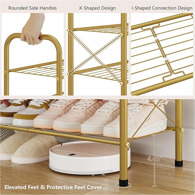Hoctieon 3 Tier Mesh Style Shoe Rack, Entryway Shoe Shelf, Shoe Storage Organizer, Shoe Rack for Closet, Space Save for Bathroom, Garage, Hallway, Bedroom, Living Room, Gold-NeatNest