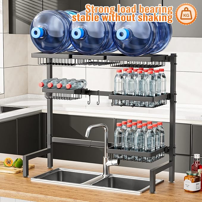 YKLSLH 3 Tiers 6 Baskets Over The Sink Dish Drying Rack Extendable (24.8 "-35.4"), Large Dish Drying Rack, Kitchen Cutlery Drainer Metal Storage Counter Rack