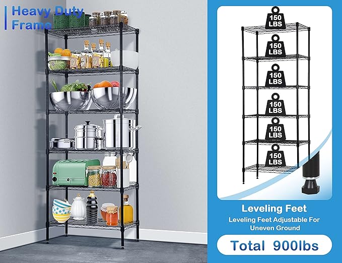 6-Tier Metal Wire Shelving Unit Snack Shelf Height Adjustable Storage Rack NSF Certified Storage Shelves 900 Lbs Capacity Standing Utility Shelf for Laundry Kitchen Pantry Garage Organization