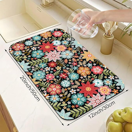 Colorful Embroidery Flowers Dish Drying Mats Super Absorbent Dish Drainer Rack Pad Non-Slip Drying Mat for Kitchen Counter, 20"x12"-NeatNest