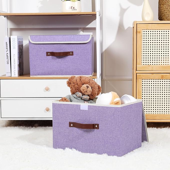 ANMINY 2PCS Storage Bins with Lid PU Leather Handles Storage Boxes PP Plastic Board Decorative Foldable Lidded Cotton Linen Fabric Home Cubes Baskets Closet Organizer Containers - Purple, Large Size-NeatNest
