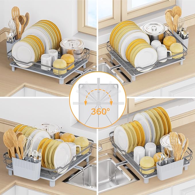 Dish Drying Rack, Stainless Steel Rustproof Dish Rack for Kitchen Counter, Sturdy Dish Drainer with Drainboard, Drainage, Utensil Holder for Various Kitchenware, 16.2"(L) x 12.6"(W), Grey