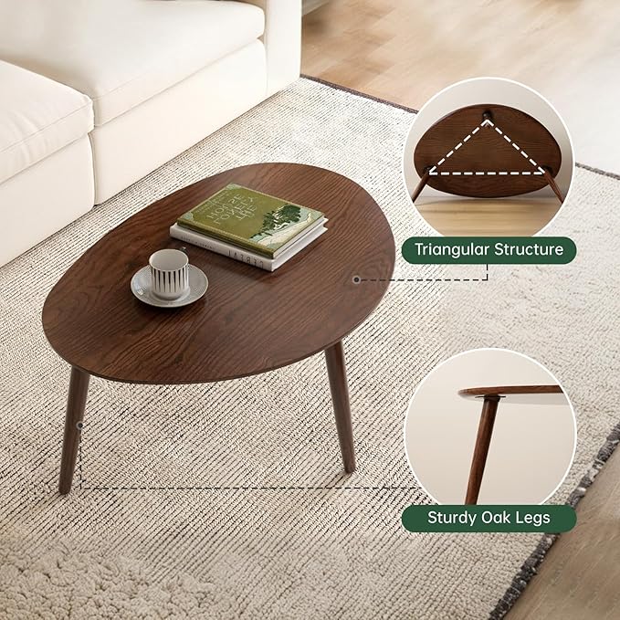 Small Oval Nesting Table, Mid Century Coffee Tables for Living Room,Solid Oak Wood Side Table,Triangle Tabletop with 3 Legs,Minimalist Display End Tables (Walnut Color, 3 Pieces)