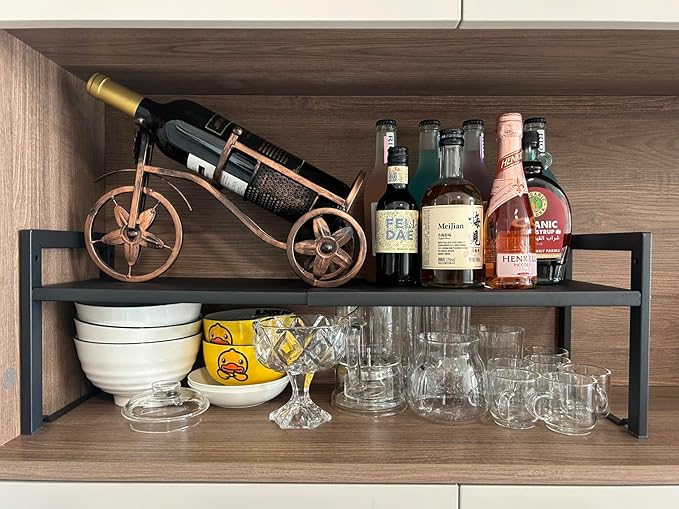Expandable Cabinet Shelf Organizer 16-26" L Stackable Kitchen Counter Shelf Rack Sink Riser Countertop Storage Black (Normal 7.9”D)-NeatNest