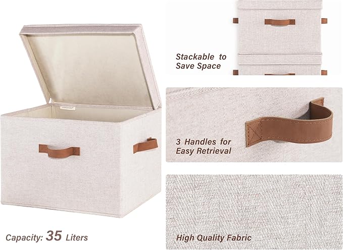 StorageWorks Fabric Storage Bins with Lid, Decorative Storage Boxes for Shelves, Stackable Closet Organizer Basket with Handles, Jumbo, Brown and Beige, 2-Pack-NeatNest