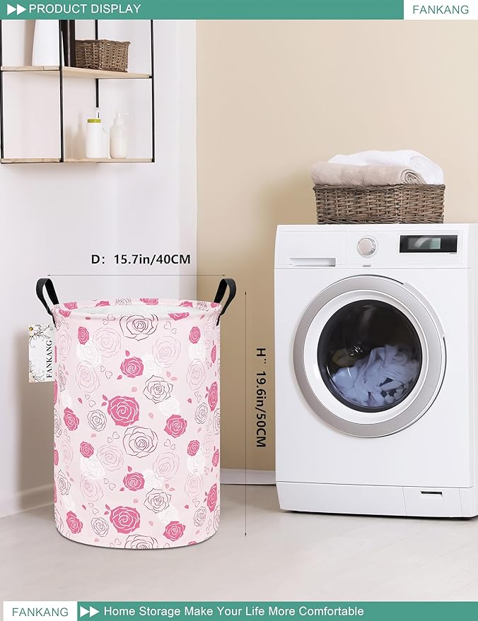 FANKANG Storage Basket, Nursery Hamper Canvas Laundry Basket Foldable with Waterproof PE Coating Large Storage Baskets for Kids Boys and Girls, Office, Bedroom, Clothes,Toys(Pink roses)