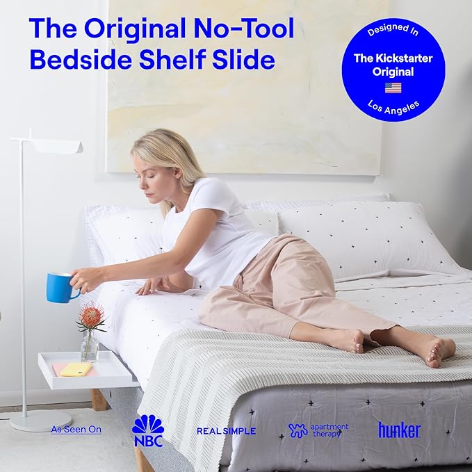 BedShelfie Bedside Shelf for Dorm Room Bunk Bed & Top Bunk, College Dorm Room Essentials, Bedside Caddy, Clip on Floating Desk Tray, Bed Side Table Storage, Loft Nightstand Decor- White Wood Slide-NeatNest