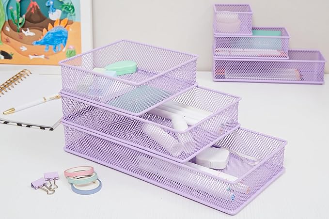 Annova Mesh Stackable Drawer Cabinet and Shelf Organizer Bins Storage Basket School Office Supply Holder Tray- Set of 2 (Light Purple, 6x9x2 Inch)-NeatNest