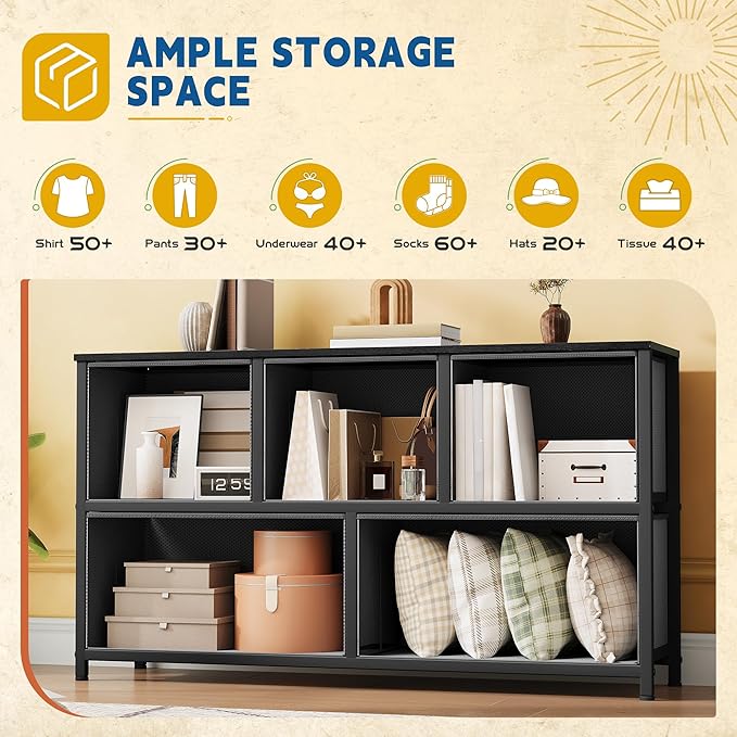 DWVO Dresser with 5 Drawers - Fabric Storage Tower, Organizer Unit for Bedroom, Living Room, Closets - Sturdy Steel Frame, Wooden Top-NeatNest