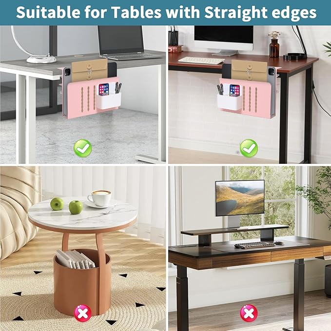 Desk Side Storage Under Desk Laptop Holder, No Drill Hanging Desk Organizer with Pen Holder, Clamp-On Table Side Tray Desktop Organization Mount for Office and Home (Pink)-NeatNest